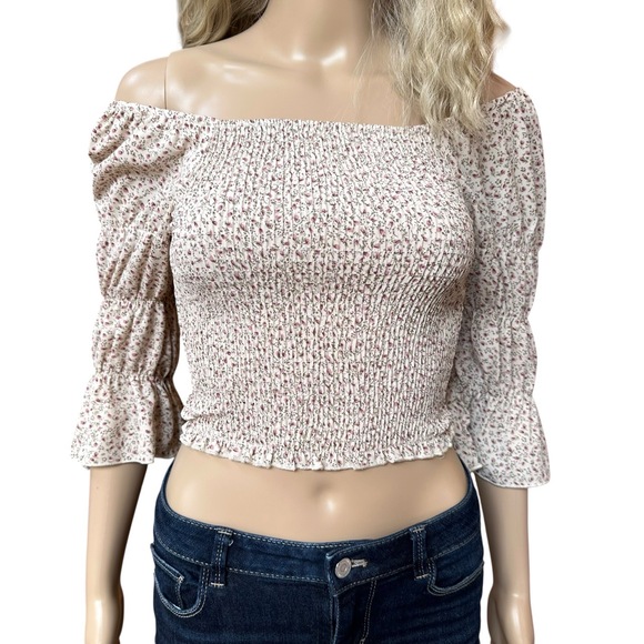 Blush J Off-Shoulder Floral Off-White Smocked Top Cropped Boho Romantic Size S - Picture 1 of 7